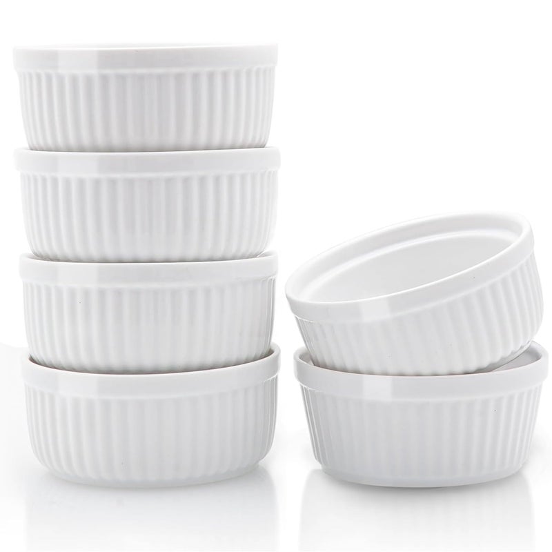 Nuwave Ceramic Ramekins 8 oz Set of 6 Elegant Classic Style for Baking Souffles Creme Brules Custards Puddings 43 Wide  2 Tall Microwave Oven  DishwasherSafe Ivory White 6