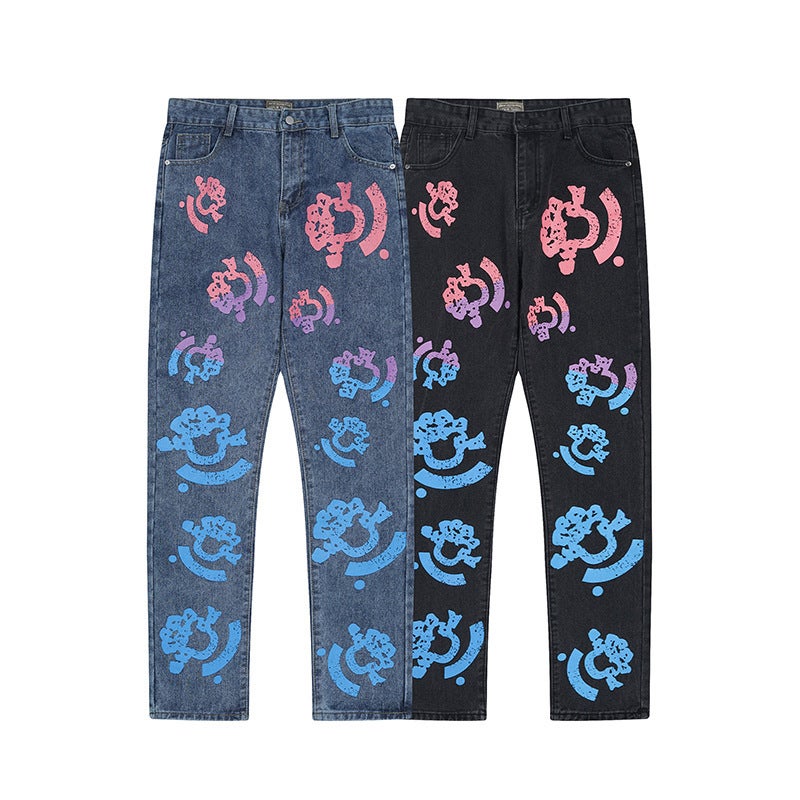Hip-Hop Star With Kapok Denim Jacket Coat Gradient Pattern Jeans Trousers - Image 5