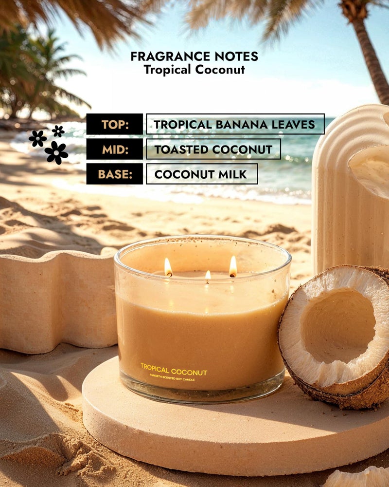 96NORTH Luxury Coconut Soy Candle | Large 3 Wick Jar Candle | Up to 50 Hours Burning Time | Tropical Beach Scented Candles for Home | 100% Natural Soy Wax | Housewarming Gift for Women and Men - Image 4