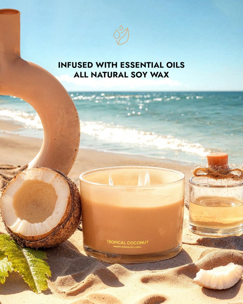 96NORTH Luxury Coconut Soy Candle | Large 3 Wick Jar Candle | Up to 50 Hours Burning Time | Tropical Beach Scented Candles for Home | 100% Natural Soy Wax | Housewarming Gift for Women and Men - Image 2