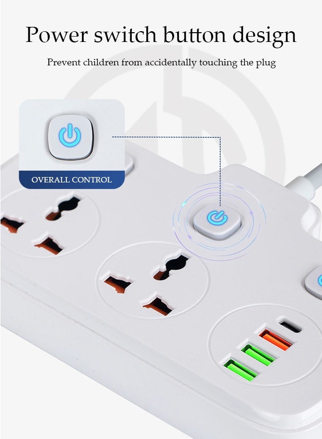 DUNISO 2M Power Strip Extension Cord，6 in 1 Universal Power Socket，Versatile 2 Way Outlets Power Strip with 3 USB Ports and 1 Type C Port,Individually switched multi-plug charging adapter for Home,Kitchen,and Office (White) - Image 3