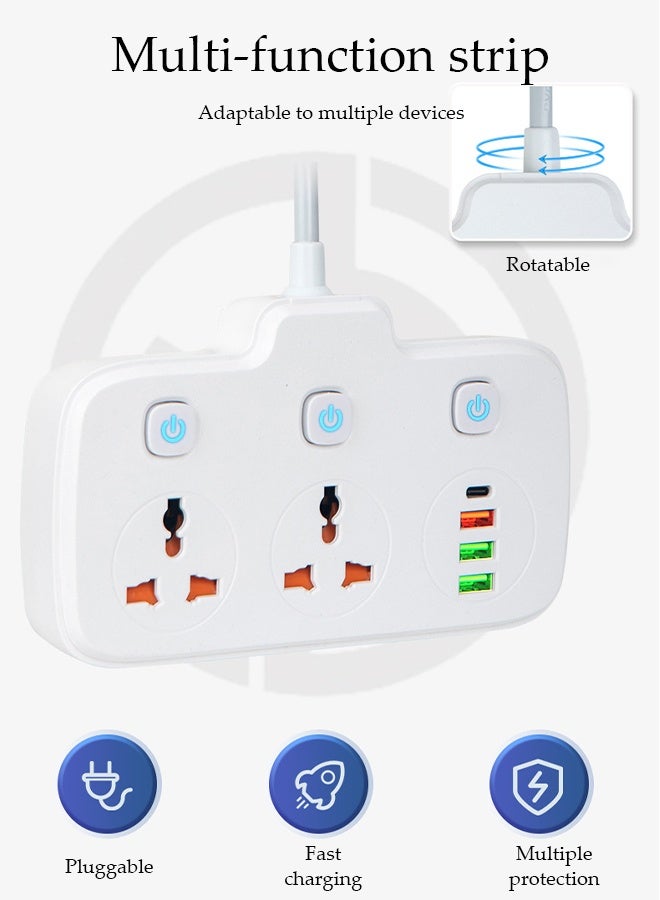 DUNISO 2M Power Strip Extension Cord，6 in 1 Universal Power Socket，Versatile 2 Way Outlets Power Strip with 3 USB Ports and 1 Type C Port,Individually switched multi-plug charging adapter for Home,Kitchen,and Office (White) - Image 4