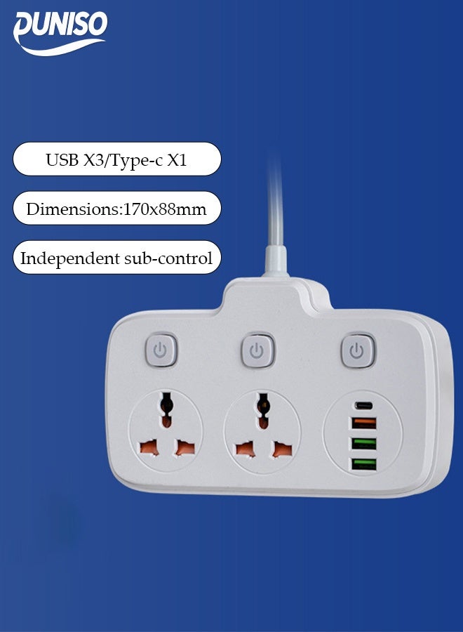 DUNISO 2M Power Strip Extension Cord，6 in 1 Universal Power Socket，Versatile 2 Way Outlets Power Strip with 3 USB Ports and 1 Type C Port,Individually switched multi-plug charging adapter for Home,Kitchen,and Office (White) - Image 1