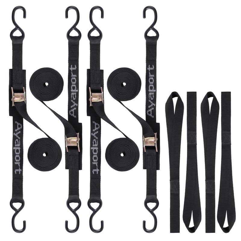Ayaport Cam Buckle Tie Down Straps 20 feet 2200lbs Break Strength Securing Straps with S Hooks for Motorcycle, Kayak, Car, Truck, Boat, Dirt Bike, Pack of 4
