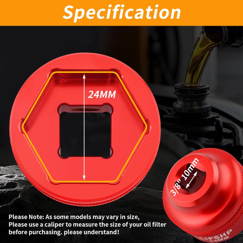 LIFSHP 24MM Oil Filter Socket,3/8" Drive For BMW,Chrysler,Chevy,Dodge,and Other Vehicles Oil/Fuel Filter Removal Tool-Red - Image 2