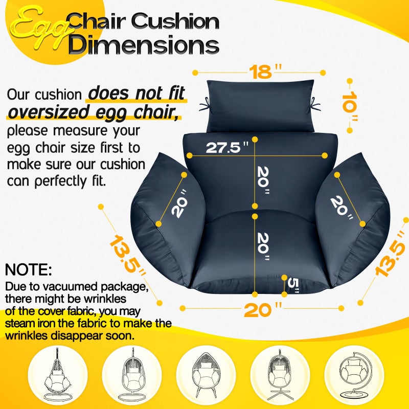 MAGIC ELEPHANT Egg Chair Cushion, Memory Foam Indoor Outdoor Hanging Egg Chair Cushion Replacement, Patio Basket Swing Cushion with Headrest (Blue) - Image 5