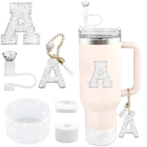 Hpebl 6PCS White for Stanley Cup Accessories Set 30/40 OZ Silver Bling Rhinestone Initials Charms for Stanley Decorations Tumbler Accessories Including Diamond Straw Topper, Spill Stopper（Letter A） - Image 1