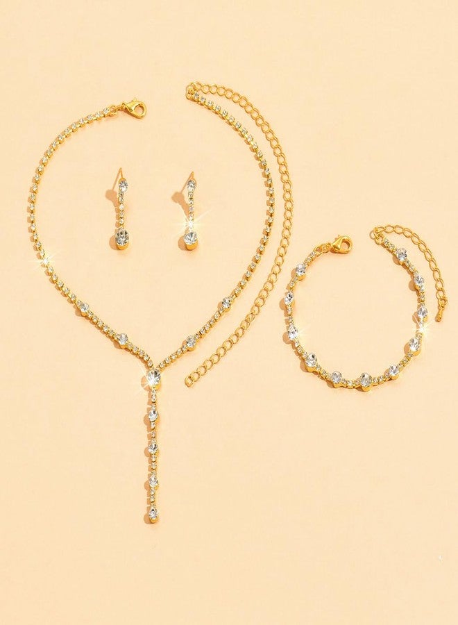 Unicra Rhinestone Bride Necklace Earrings Set Gold Crystal Bridal Wedding Jewelry Sets Prom Costume Jewelry Set for Women and Brides (E 3 Pack Gold Necklace Bracelet Earrings) - Image 2