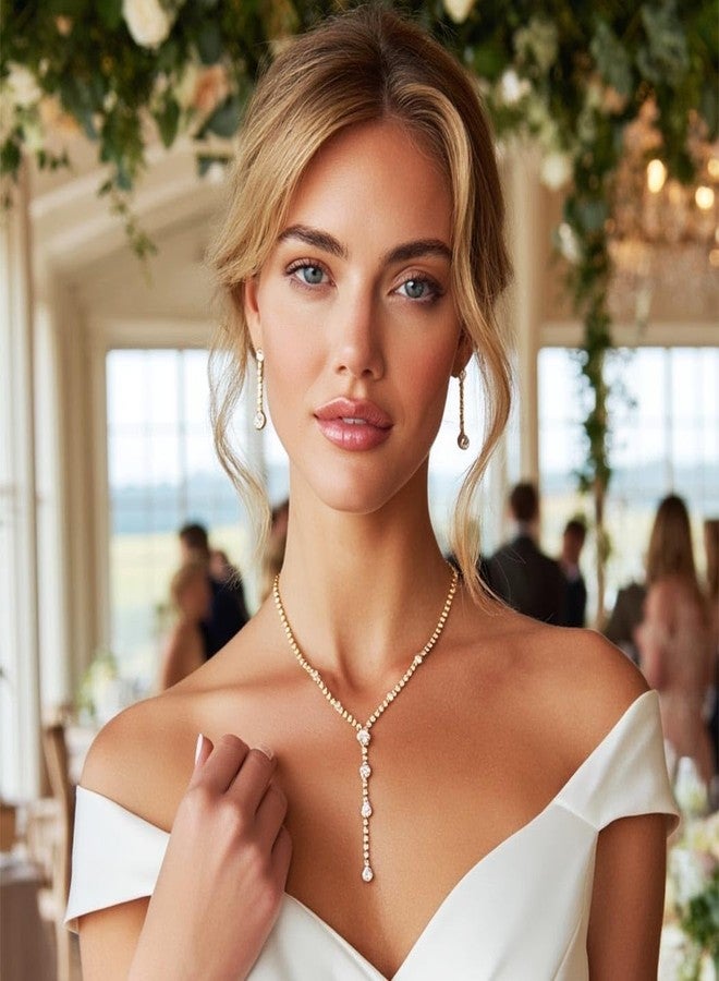Unicra Rhinestone Bride Necklace Earrings Set Gold Crystal Bridal Wedding Jewelry Sets Prom Costume Jewelry Set for Women and Brides (E 3 Pack Gold Necklace Bracelet Earrings) - Image 3