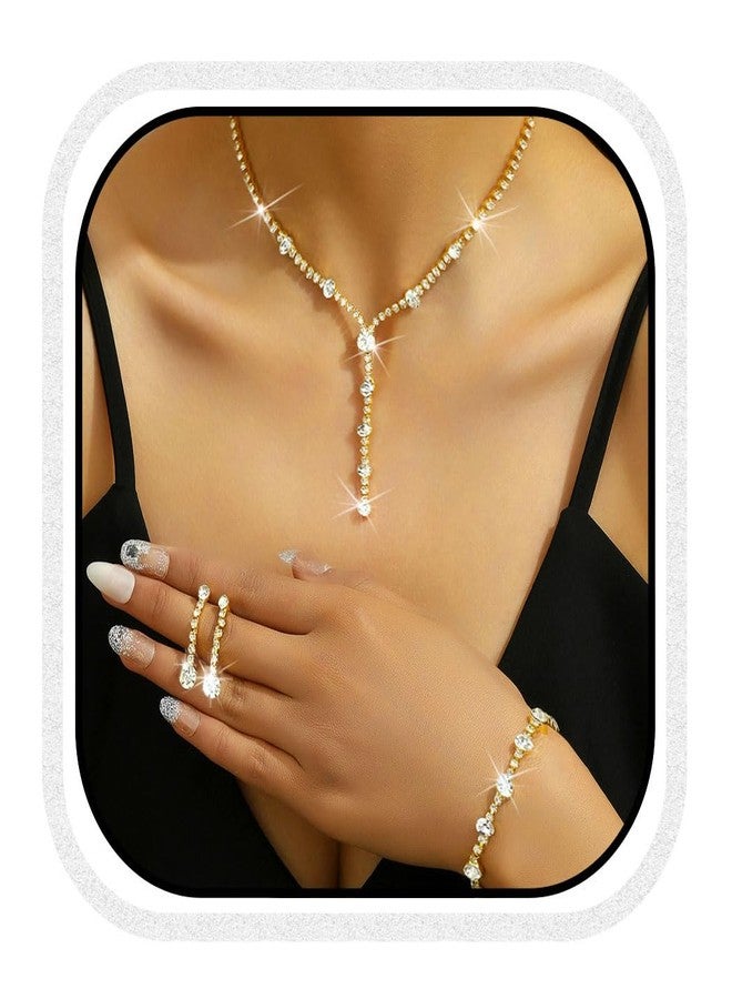 Unicra Rhinestone Bride Necklace Earrings Set Gold Crystal Bridal Wedding Jewelry Sets Prom Costume Jewelry Set for Women and Brides (E 3 Pack Gold Necklace Bracelet Earrings) - Image 1