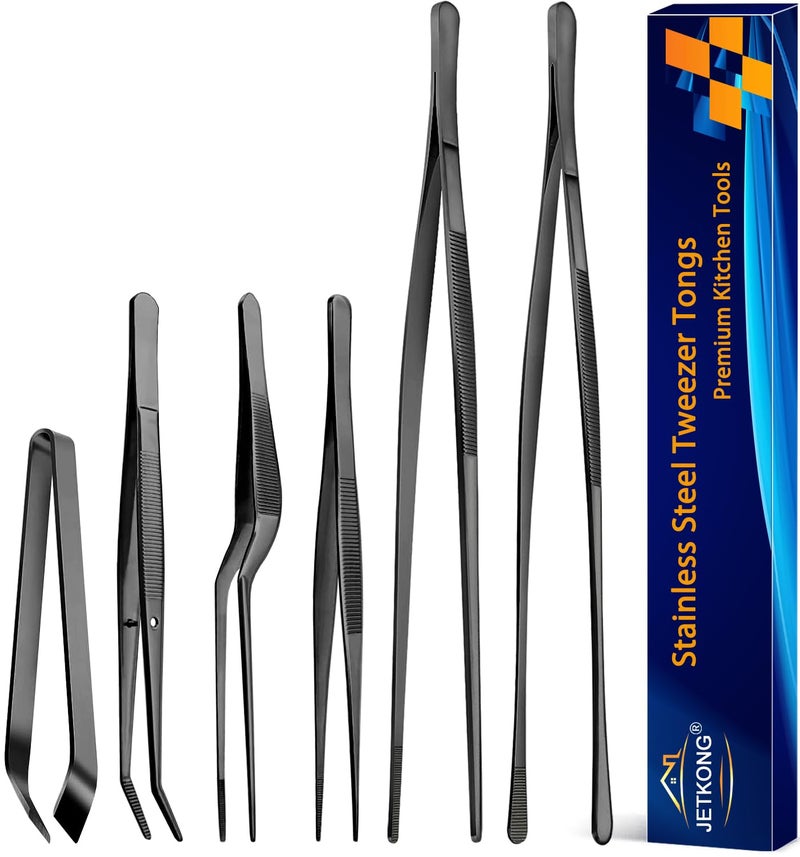 JETKONG 6 Pcs Cooking Tweezer Tongs, 12'' and 6.3" Stainless Steel Kitchen Tweezer Set, Professional Chef Tweezers for Cooking, Repairing, Sea Food, BBQ, Multi-use (Black) - Image 1