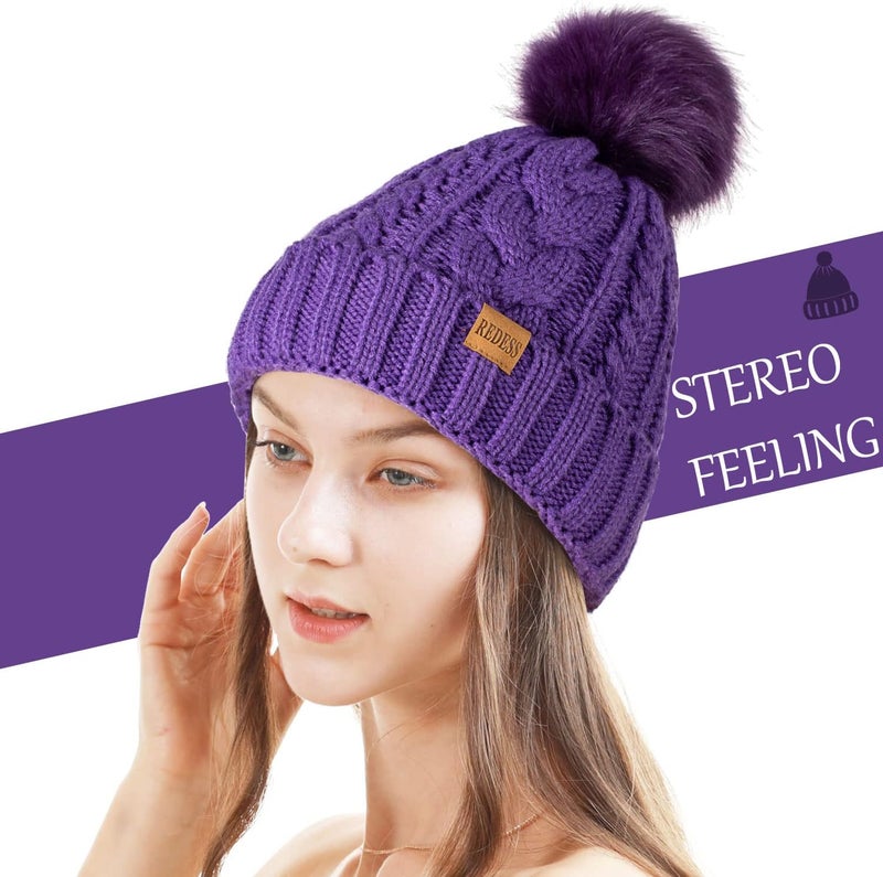 REDESS Women Winter Pompom Beanie Hat with Warm Fleece Lined, Thick Slouchy Snow Knit Skull Ski Cap - Image 1
