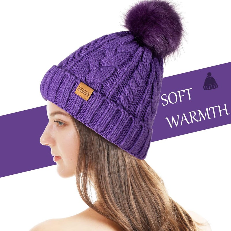 REDESS Women Winter Pompom Beanie Hat with Warm Fleece Lined, Thick Slouchy Snow Knit Skull Ski Cap - Image 2