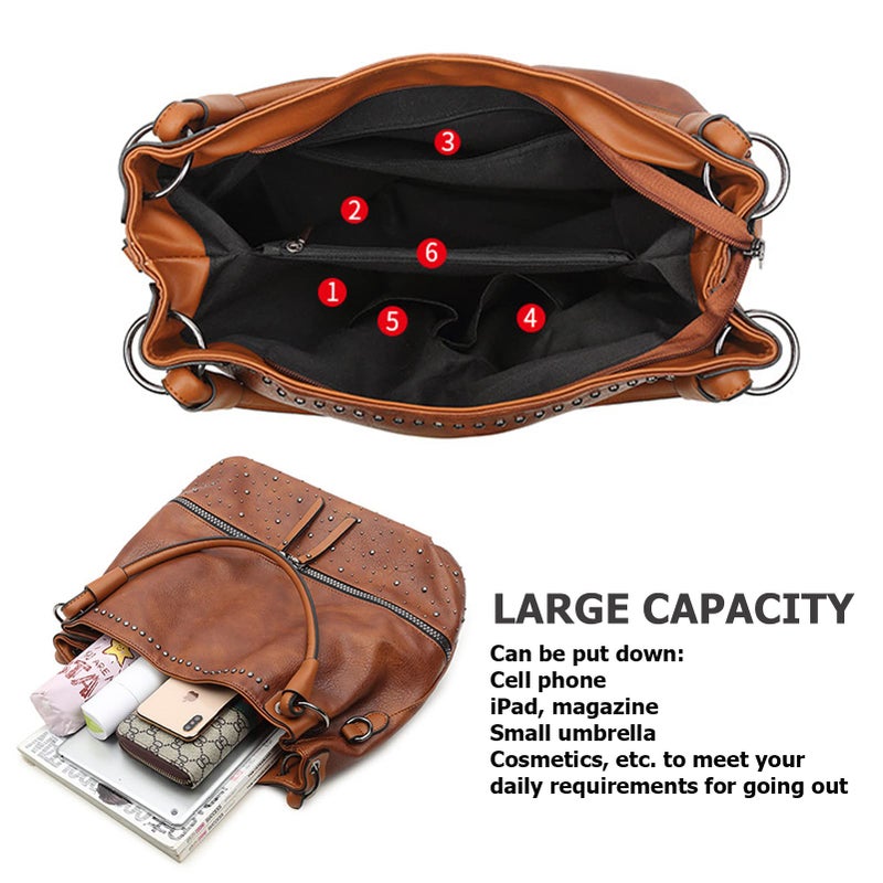 My Friday myfriday Vintage Hobo Shoulder Bag for Women Soft Leather Bucket Tote Bag Fashionable Structured Purse with Rivet Detail (Brown) - Image 5