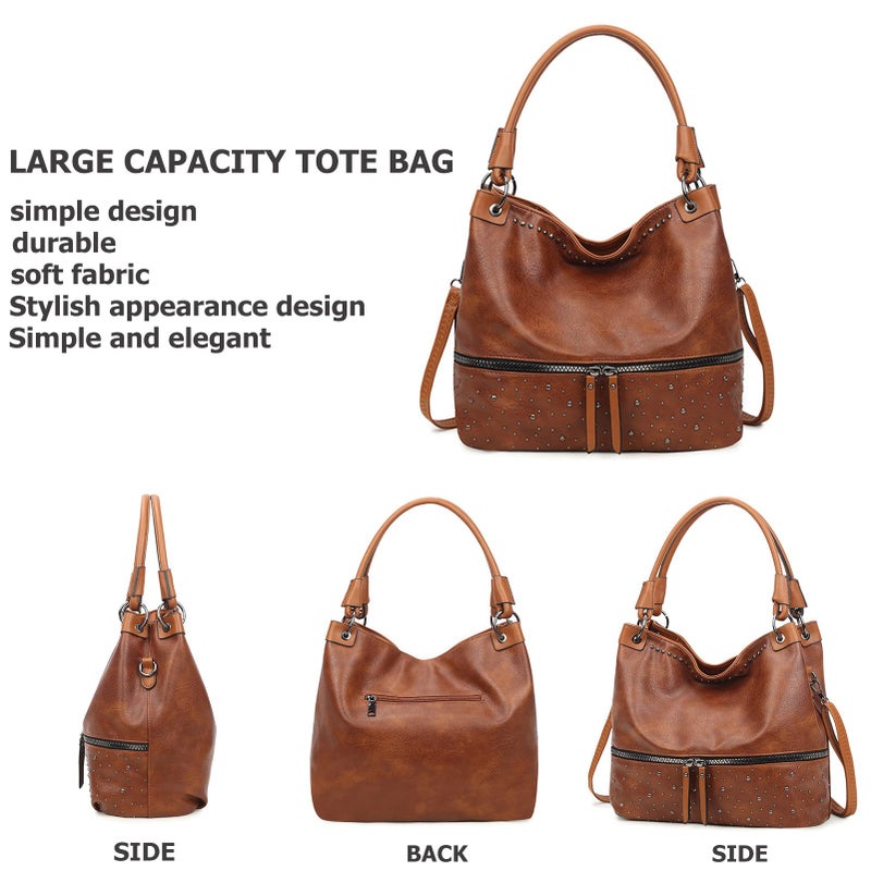 My Friday myfriday Vintage Hobo Shoulder Bag for Women Soft Leather Bucket Tote Bag Fashionable Structured Purse with Rivet Detail (Brown) - Image 3