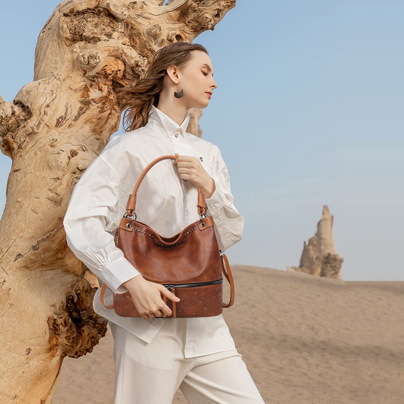 My Friday myfriday Vintage Hobo Shoulder Bag for Women Soft Leather Bucket Tote Bag Fashionable Structured Purse with Rivet Detail (Brown) - Image 2