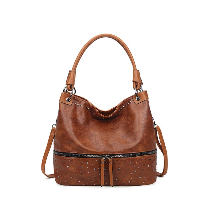 My Friday myfriday Vintage Hobo Shoulder Bag for Women Soft Leather Bucket Tote Bag Fashionable Structured Purse with Rivet Detail (Brown) - Image 1