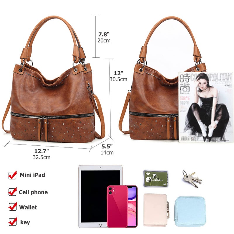 My Friday myfriday Vintage Hobo Shoulder Bag for Women Soft Leather Bucket Tote Bag Fashionable Structured Purse with Rivet Detail (Brown) - Image 4