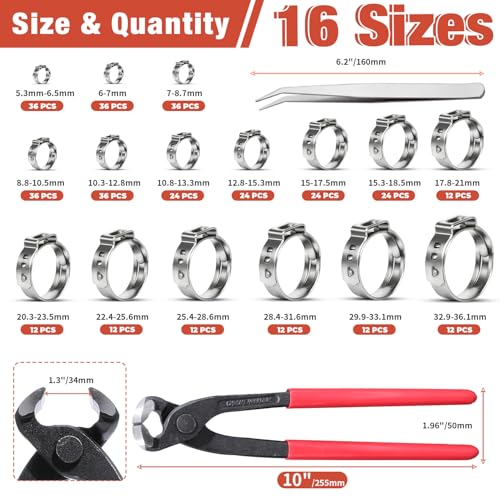 AKIHISA 360Pcs 16 Sizes Single Ear Hose Clamps, 5.3-36.1mm Stainless Steel_304 Crimp Hose Clamps Cinch Rings Assortment Kit for Automotive, Pipe, Plumbing - Image 2