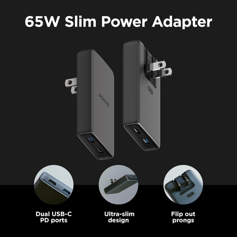 Nomad 65w Slim Power Adapter Carbide, Flat Wall Charger with Dual USB C Cable Ports, Flat Charger Block with Fast Charge Ports, Slim Charger Block Flat USB C Wall Plug and Wall Charger - Image 2