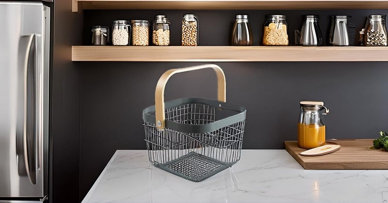 Luximal Grey Metal Storage Basket with Wooden Handle Multipurpose Organizer for Kitchen Bathroom and Home Decor 25 x 25 x 18 cm - Image 3