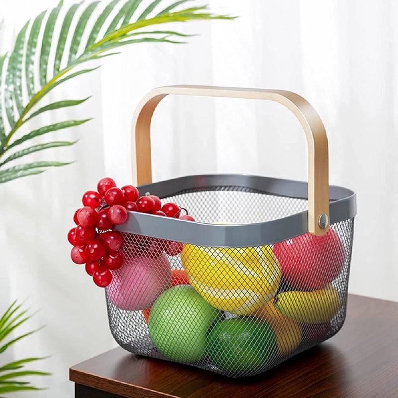 Luximal Grey Metal Storage Basket with Wooden Handle Multipurpose Organizer for Kitchen Bathroom and Home Decor 25 x 25 x 18 cm - Image 2