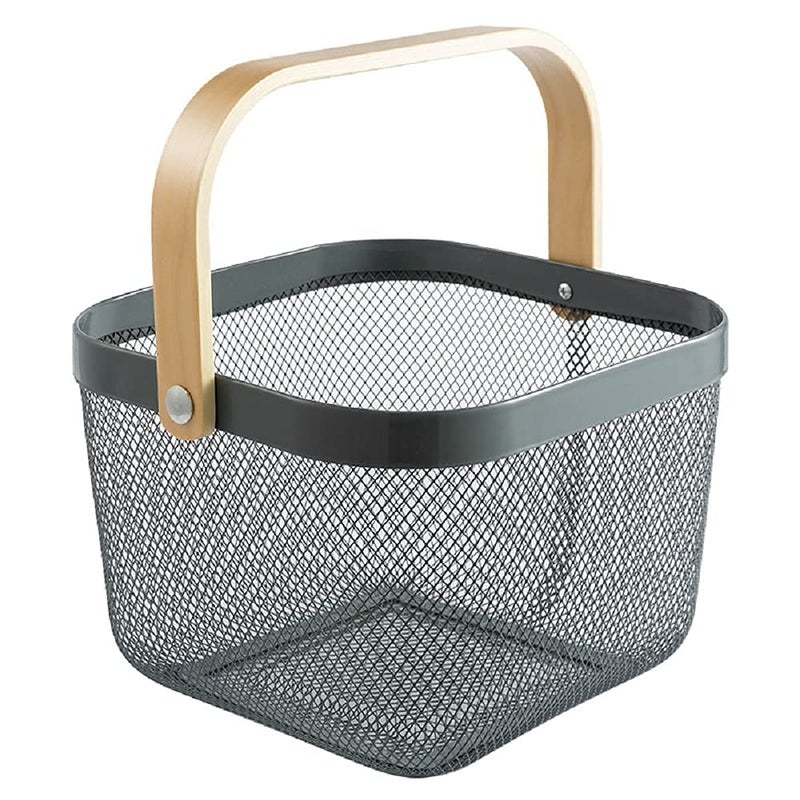 Luximal Grey Metal Storage Basket with Wooden Handle Multipurpose Organizer for Kitchen Bathroom and Home Decor 25 x 25 x 18 cm - Image 1