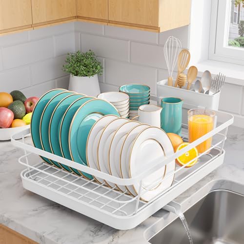 Sakugi Stainless Steel Dish Drying Rack for Kitchen Counter, Sink Organization and Storage Essentials with Silverware & Utensil Holder, Home and Apartment Decor, 12''W x 15.5''L, White - Image 4