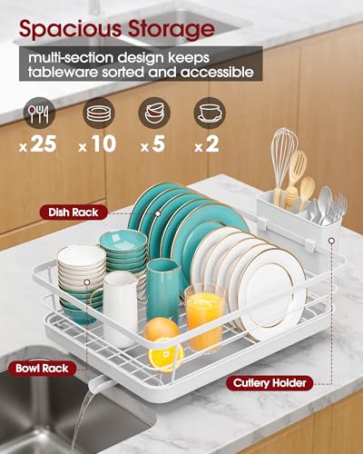 Sakugi Stainless Steel Dish Drying Rack for Kitchen Counter, Sink Organization and Storage Essentials with Silverware & Utensil Holder, Home and Apartment Decor, 12''W x 15.5''L, White - Image 2