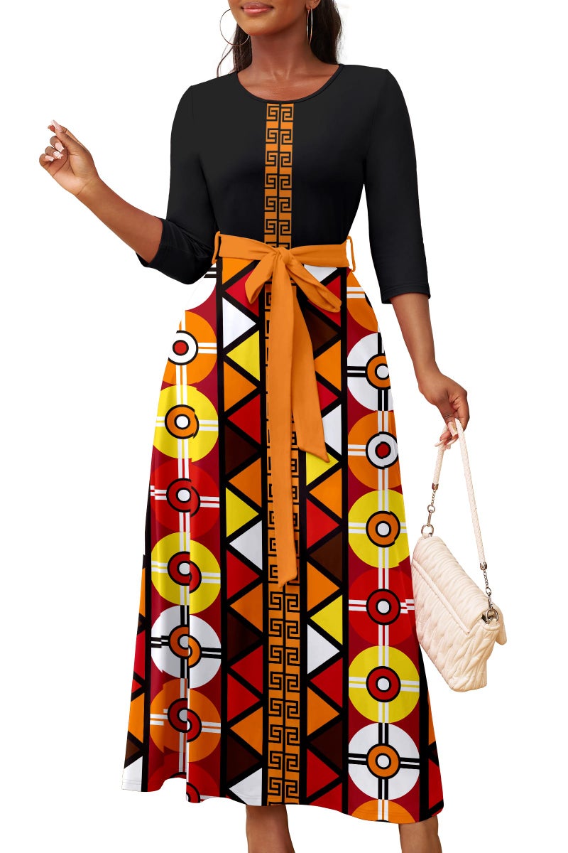 FANDEE African Attire for Women Maxi Dresses for Summer Casual, 3/4 Sleeve Formal Dress for Church, Black, L - Image 2