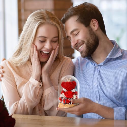 DoraMagic Preserved Rose Flowers Gifts for Her, Real Forever Rose in Glass Dome with Adorable Bear for Girlfriend,Mom,Wife,Grandma on Birthday Anniversary Valentine's Day (Red) - Image 4