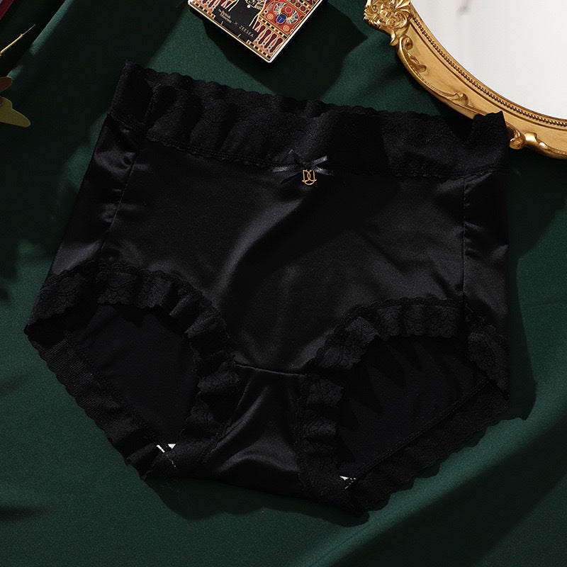 Luxury Satin Lace Silk-Lined Seamless Panties Black