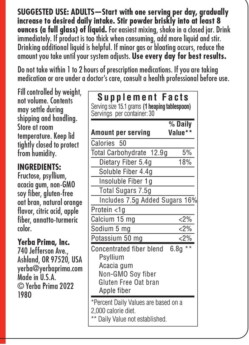 Yerba Prima Daily Fiber Formula 16 oz Powder (Pack of 3) - Great Tasting Premium Dietary Fiber Supplement, Non-GMO, Gluten Free, Natural Orange Flavor - Image 4