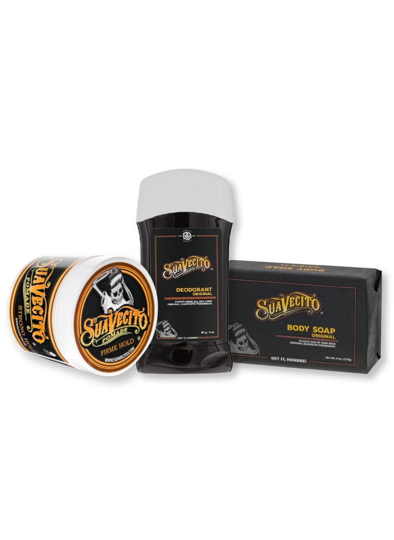 SUAVECITO Suavecito Pomade Signature Scent Essentials Bundle Hair Styling Pomade Aluminum Free Deodorant Moisturizing Body Soap 