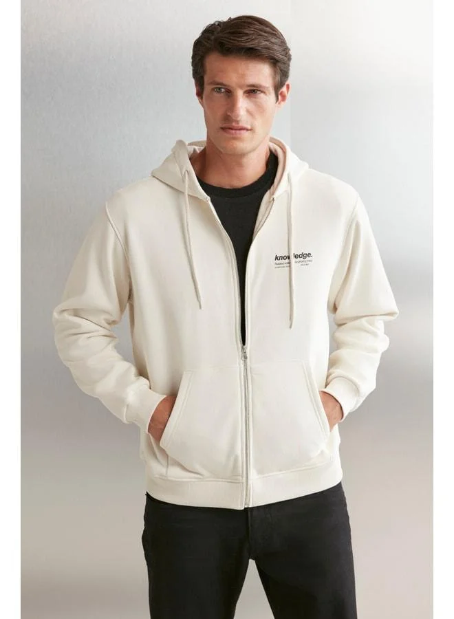GRIMELANGE Aksel Men's Soft Organic Cotton Oversized Zippered Printed Hooded Stone-Colored Sweatshirt