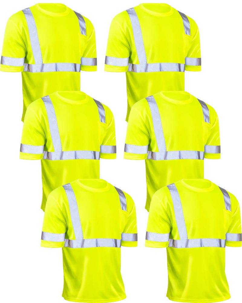 JaGely 6 Pcs Safety Reflective Shirts Short Sleeve Bulk Hi Vis T-shirt High Visibility Construction Work Shirts with Pocket(Large) - Image 1