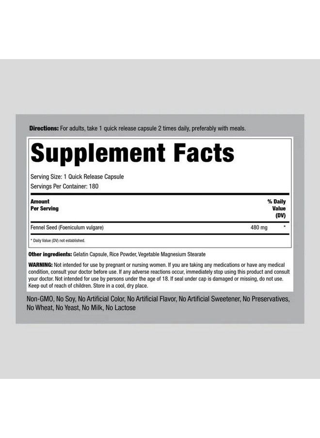 Piping Rock - Fennel Seed Capsules  480Mg  180 Pills  Foeniculum Vulgare  Herbal Extract Supplement  Nongmo Glutenfree - Image 1
