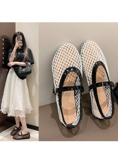 Ballet Flat Shoes Womens round Toe Mesh Hollow out Slip-On Mary Jane Single Shoes Spring Summer Breathable Low Heel Rubber Creamy-white
