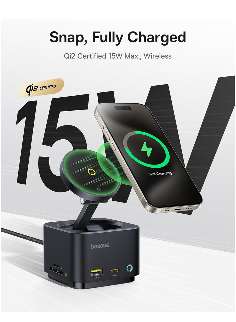 بيسوس محطات شحن مغناطيسية 7 في 1 مع شاحن لاسلكي بقوة 15 واط لمغ سيف، محور USB-C مع HDMI بدقة 4K@60Hz، توصيل طاقة 100 واط، منافذ USB بسرعة 10 جيجابت في الثانية، قارئ بطاقات SD، متوافق مع آيفون 16/15، ماك بوك، ديل، HP، سيرفيس، لابتوبات، أجهزة لوحية، وأكثر، حل شحن سريع ونقل بيانات عالي السرعة - Image 4