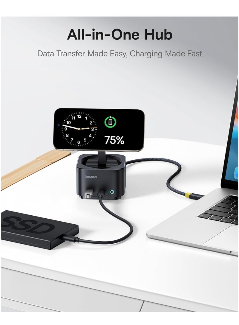 بيسوس محطات شحن مغناطيسية 7 في 1 مع شاحن لاسلكي بقوة 15 واط لمغ سيف، محور USB-C مع HDMI بدقة 4K@60Hz، توصيل طاقة 100 واط، منافذ USB بسرعة 10 جيجابت في الثانية، قارئ بطاقات SD، متوافق مع آيفون 16/15، ماك بوك، ديل، HP، سيرفيس، لابتوبات، أجهزة لوحية، وأكثر، حل شحن سريع ونقل بيانات عالي السرعة - Image 2