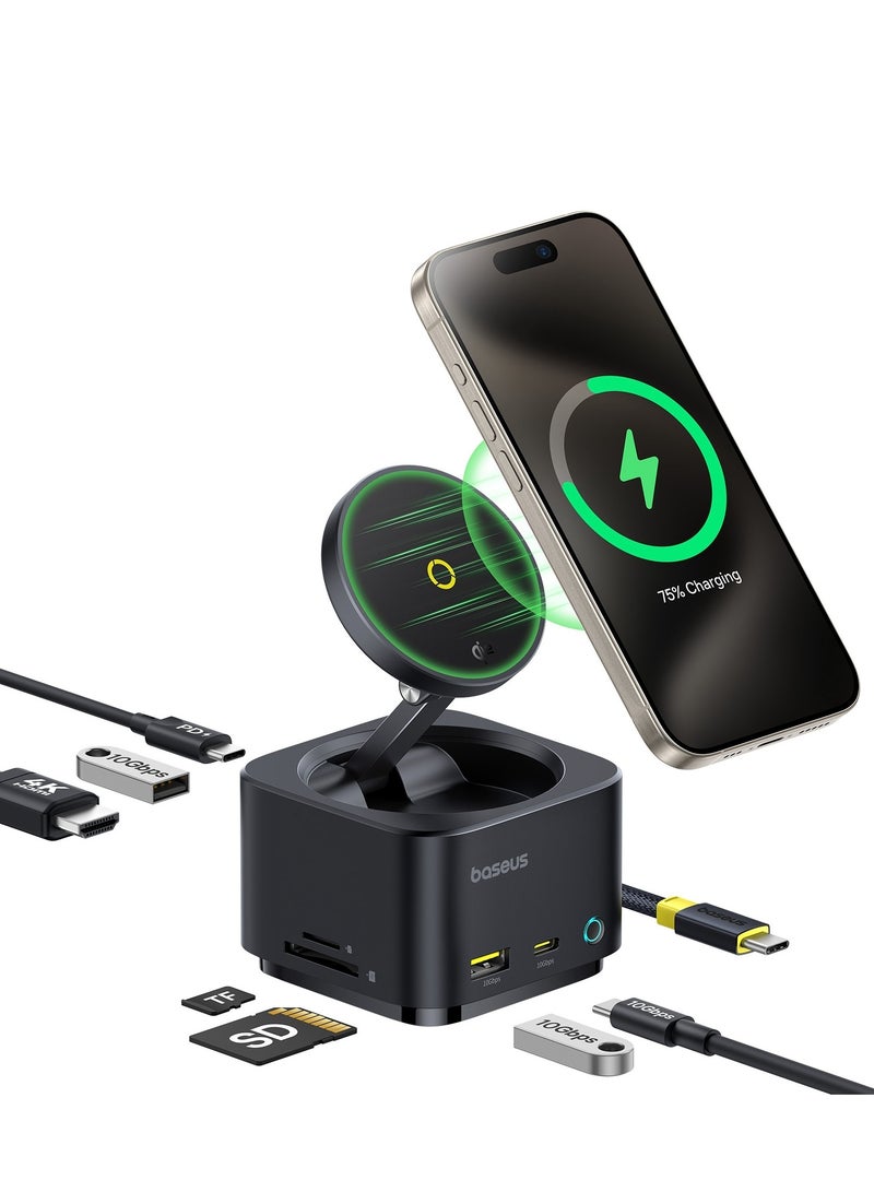 بيسوس محطات شحن مغناطيسية 7 في 1 مع شاحن لاسلكي بقوة 15 واط لمغ سيف، محور USB-C مع HDMI بدقة 4K@60Hz، توصيل طاقة 100 واط، منافذ USB بسرعة 10 جيجابت في الثانية، قارئ بطاقات SD، متوافق مع آيفون 16/15، ماك بوك، ديل، HP، سيرفيس، لابتوبات، أجهزة لوحية، وأكثر، حل شحن سريع ونقل بيانات عالي السرعة - Image 1