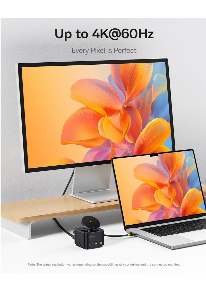 بيسوس محطات شحن مغناطيسية 7 في 1 مع شاحن لاسلكي بقوة 15 واط لمغ سيف، محور USB-C مع HDMI بدقة 4K@60Hz، توصيل طاقة 100 واط، منافذ USB بسرعة 10 جيجابت في الثانية، قارئ بطاقات SD، متوافق مع آيفون 16/15، ماك بوك، ديل، HP، سيرفيس، لابتوبات، أجهزة لوحية، وأكثر، حل شحن سريع ونقل بيانات عالي السرعة - Image 3