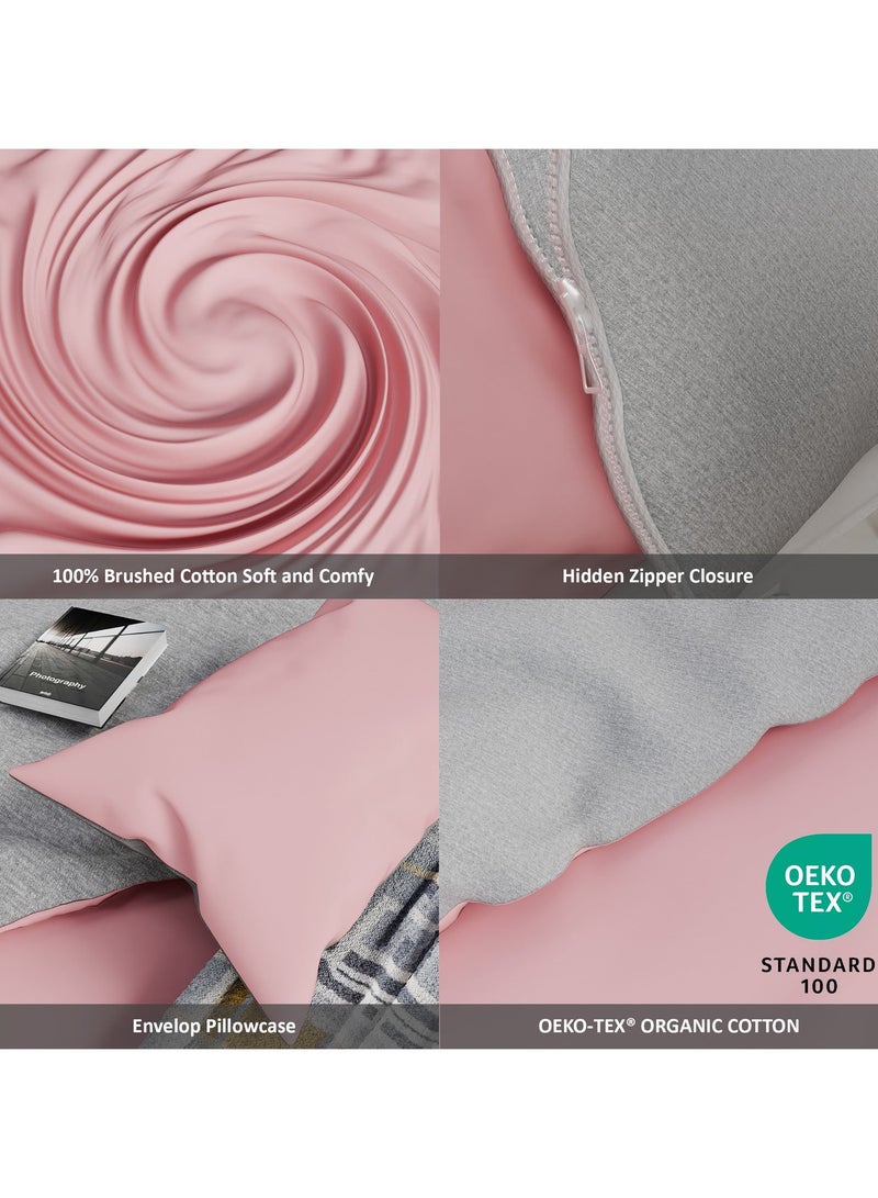 Lovstro 100% Cotton Duvet Cover Set, 4pcs, Certified toxin-free, King Size, Reversible, Soft Bedding Sheets, 1 Duvet Cover With Zipper 220x240cm, 1 Fitted Sheet, 2 Pillowcases (Pink & Grey) - Image 4