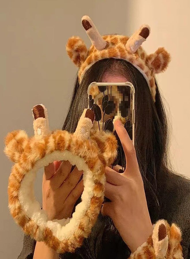 LJJCSFF 2 Pcs Giraffe Hairband Giraffe Makeup Headband Washing Face Hair Band Fluffy Skincare Headbands Spa Shower Head Wrap For Women Girls - Image 2