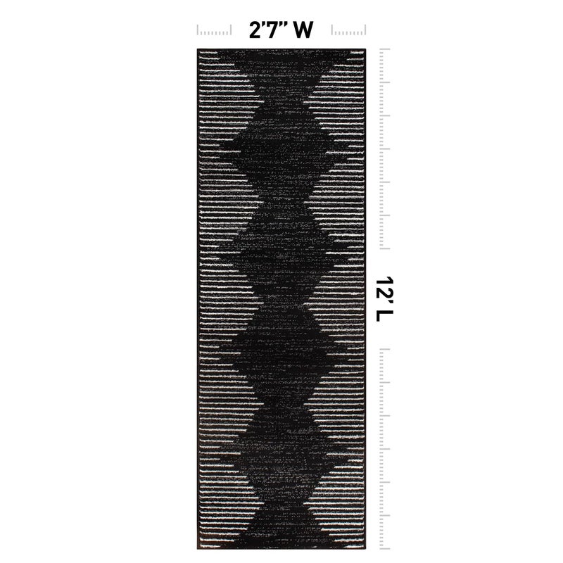 Rugshop Bohemian Stripe Stain Resistant High Traffic Living Room Kitchen Bedroom Dining Home Office Runner Rug 2'7" x 12' Black - Image 2