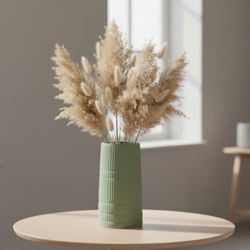 PUREZENTO Green 'BlushGroove' Ceramic Ribbed Vase - 5 Inch (Pack of 1) | Decorative Ribbed Vase for Dried Flowers & Pampas Grass | Centerpiece Vases for Modern Home Decor, Living Room, Office Decor - Image 1