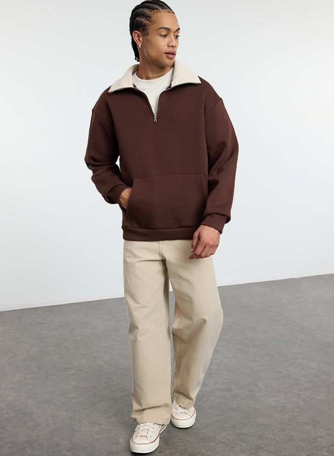 trendyol Brown Oversize/Wide Cut Stand Collar Zippered Polar Fleece Inside/Warm Sweatshirt TMNAW25SW00081 - Image 1