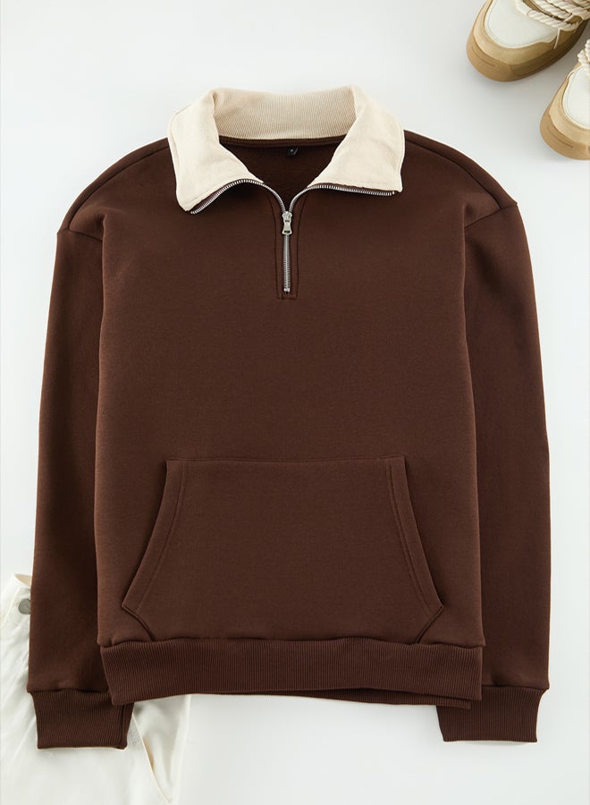 trendyol Brown Oversize/Wide Cut Stand Collar Zippered Polar Fleece Inside/Warm Sweatshirt TMNAW25SW00081 - Image 5