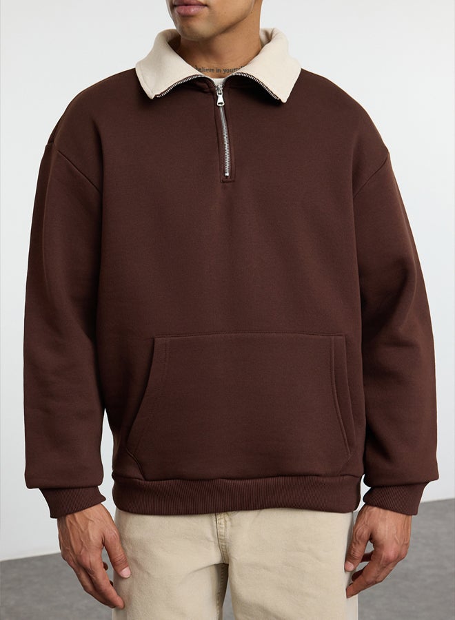 trendyol Brown Oversize/Wide Cut Stand Collar Zippered Polar Fleece Inside/Warm Sweatshirt TMNAW25SW00081 - Image 3
