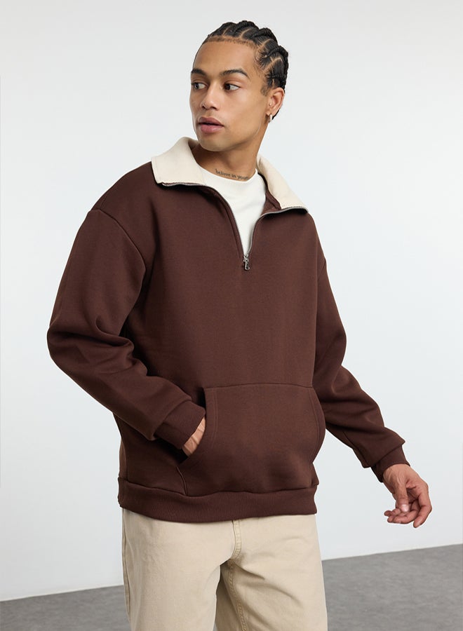 trendyol Brown Oversize/Wide Cut Stand Collar Zippered Polar Fleece Inside/Warm Sweatshirt TMNAW25SW00081 - Image 2